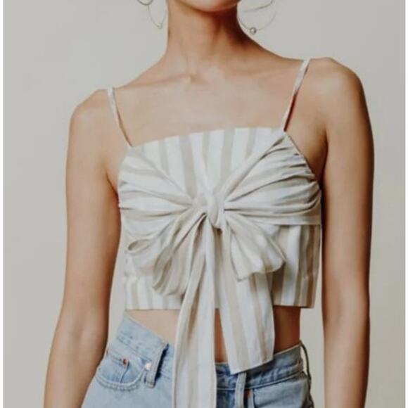 Chriselle Lim for J.O.A. Crop Top w/Tie Tan Cream Stripe L - Picture 2 of 8